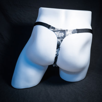 Men's black and white tarot thong underwear, classic cut, rear view.