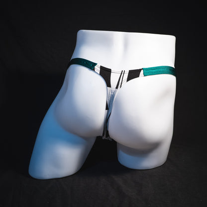 Men's black and white geometric thong underwear with green side straps, classic cut, Full rear view