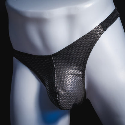 Men's black athletic mesh thong underwear, classic cut, angled front view.