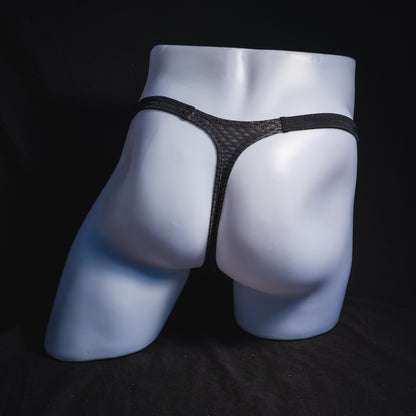 Men's black athletic mesh thong underwear, classic cut, full rear view.