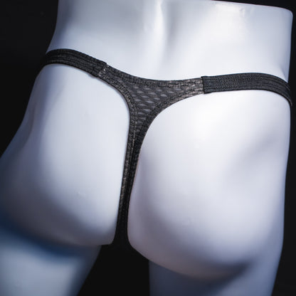 Men's black athletic mesh thong underwear, classic cut, rear view.