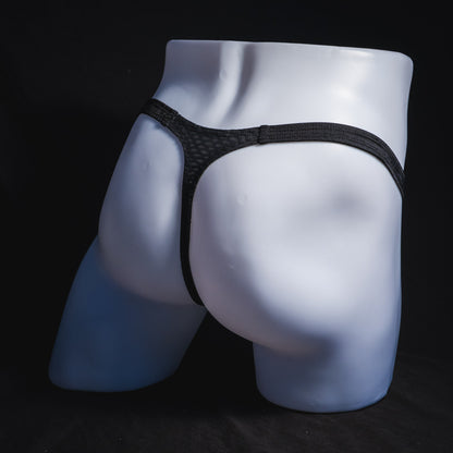 Men's black athletic mesh thong underwear, classic cut, full angled rear view.