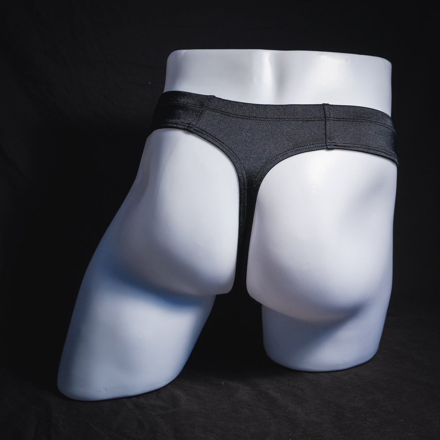 Men's black brief cut thong underwear, full rear view.
