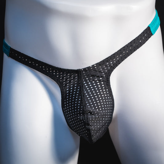 Black mesh with teal waistband, men's thong underwear, tower cut, front view.