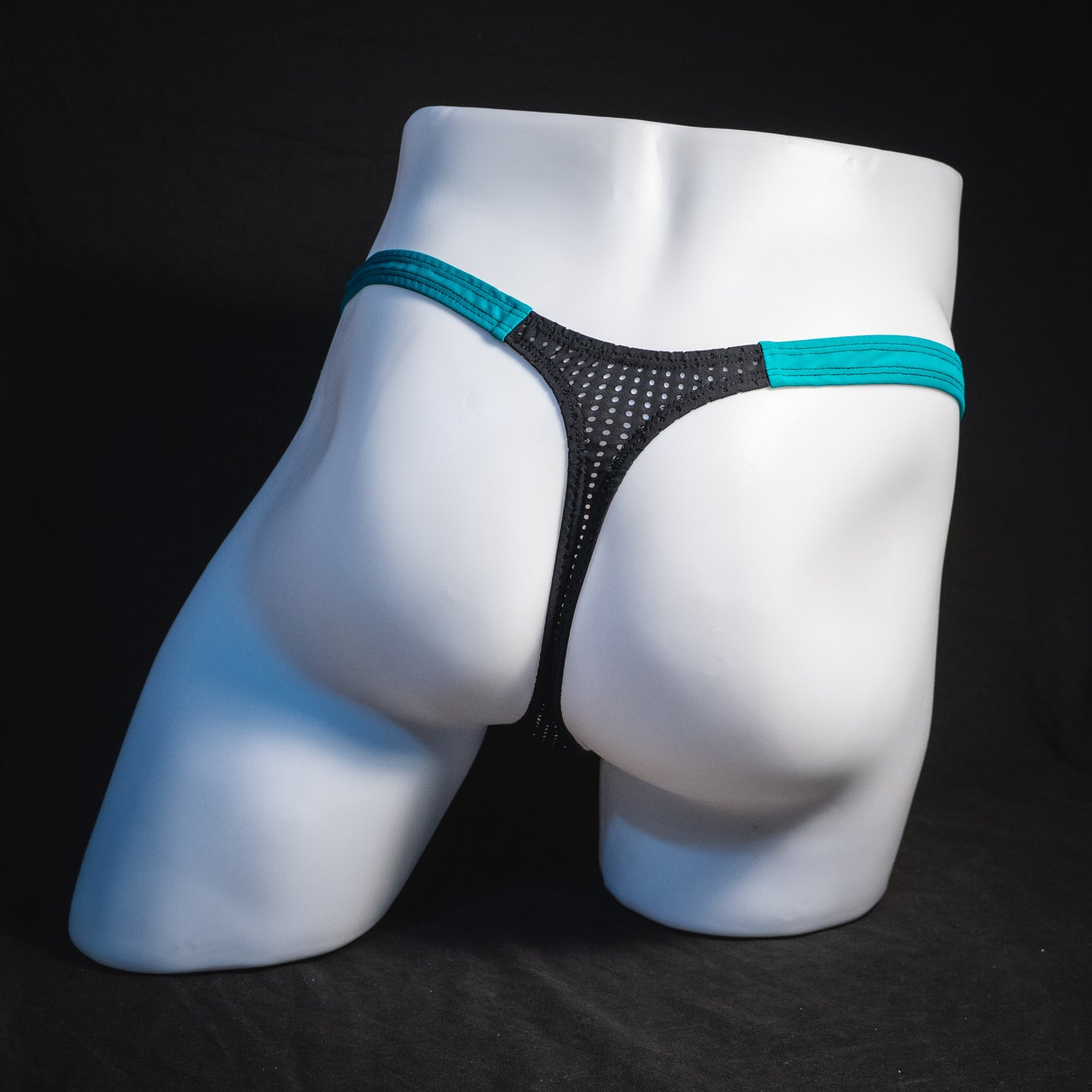 Black mesh with teal waistband, men's thong underwear, tower cut, full rear view.