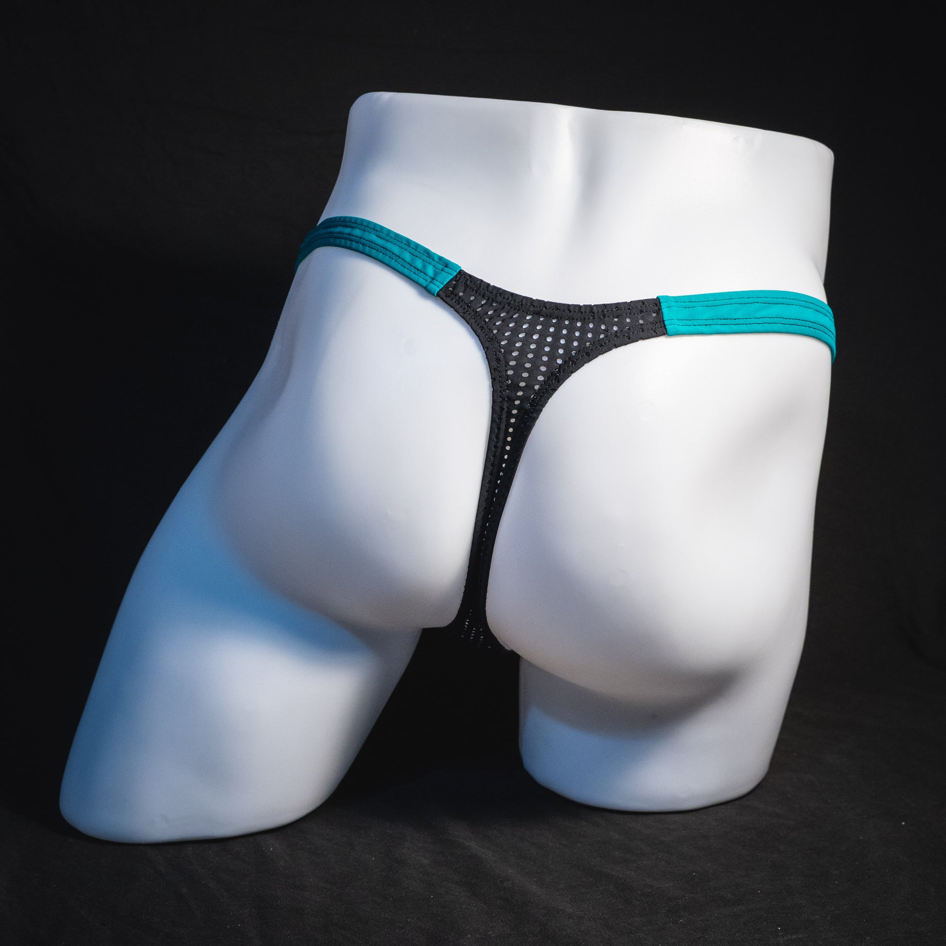Black mesh with teal waistband, men's thong underwear, tower cut, full rear view.
