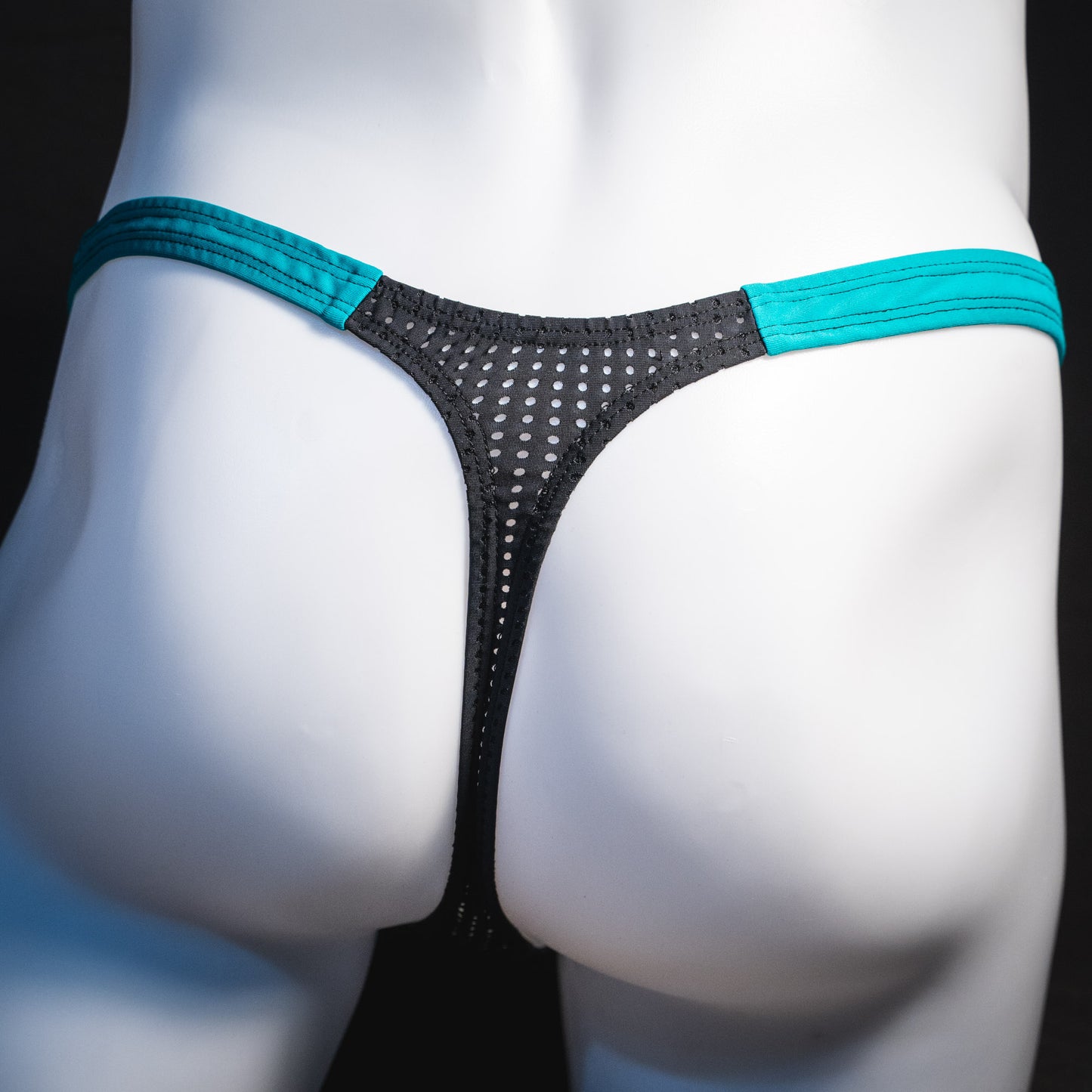 Black mesh with teal waistband, men's thong underwear, tower cut, rear view.