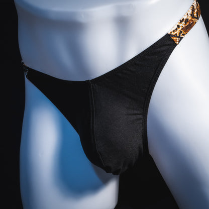 Men's black modal thong underwear with rattlesnake straps, classic cut, Front angled view