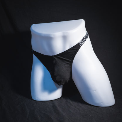 Men's black modal thong underwear, classic cut, Full angled front view