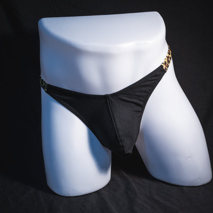 Men's black and leopard modal thong underwear, classic cut, Full front view