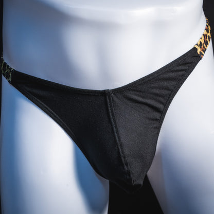 Men's black and leopard modal thong underwear, classic cut, front view