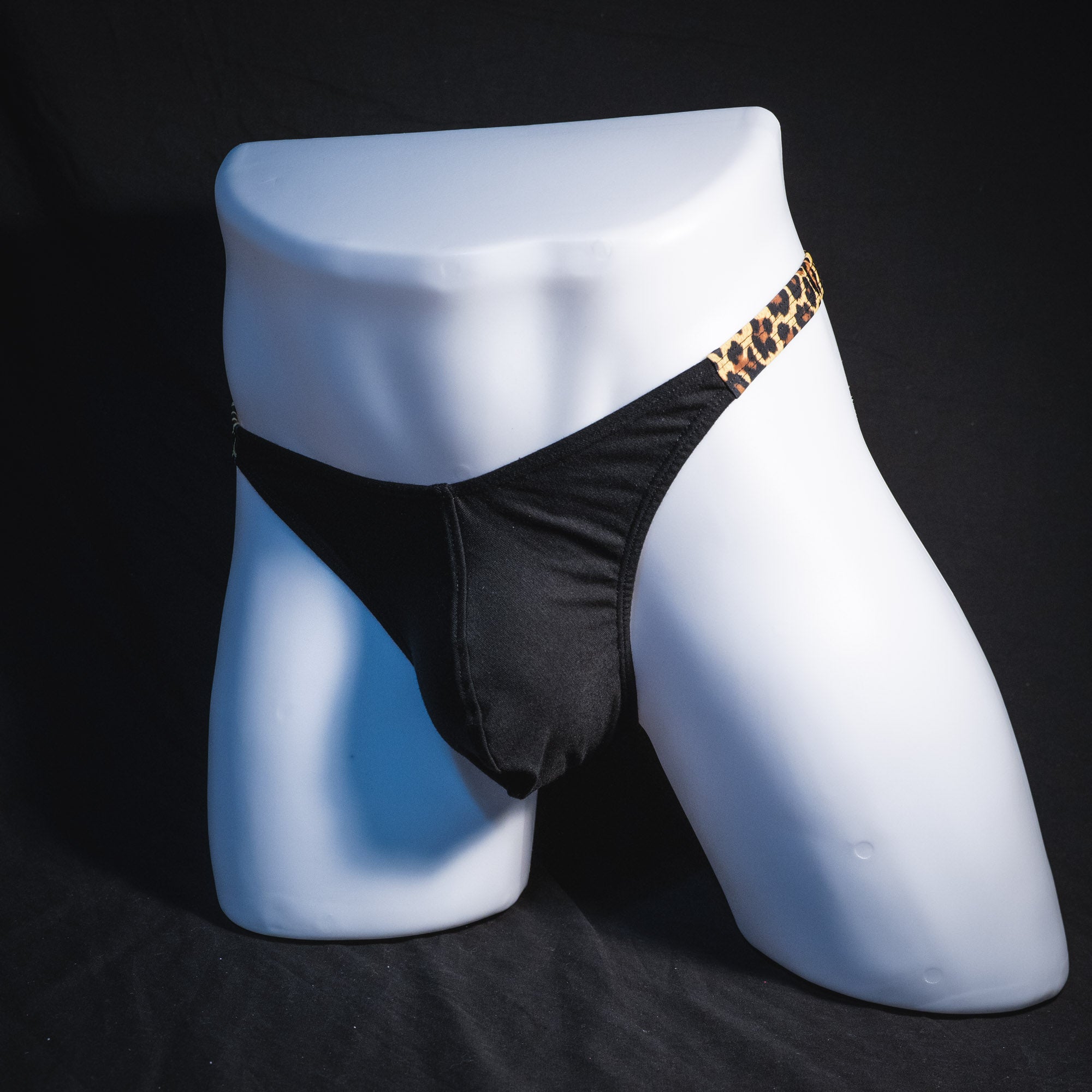 Men's black and leopard modal thong underwear, classic cut, Full angled front view