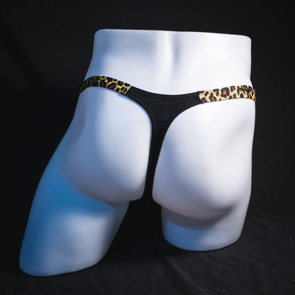 Men's black and leopard modal thong underwear, classic cut, Full rear view