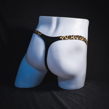 Men's black and leopard modal thong underwear, classic cut, Full angled rear view