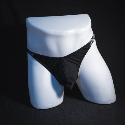 Men's black and white snakeskin thong underwear, classic cut, Full front view