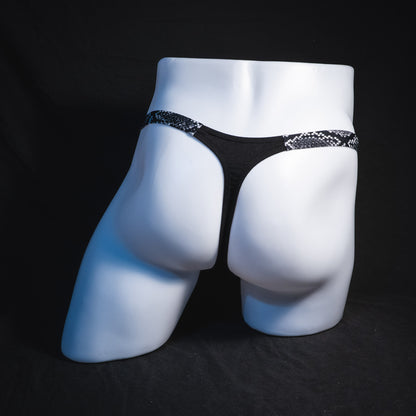 Men's black and white snakeskin thong underwear, classic cut, Full rear view