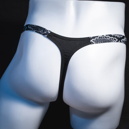 Men's black and white snakeskin thong underwear, classic cut, Rear view