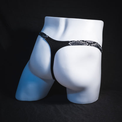 Men's black and white snakeskin thong underwear, classic cut, Full angled rear view