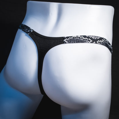 Men's black and white snakeskin thong underwear, classic cut, Angled rear view