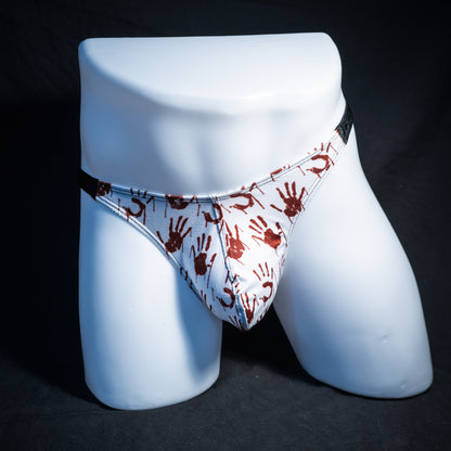 Men's bloody handprint thong underwear, classic cut, front view.