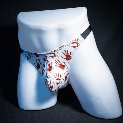 Men's bloody handprint thong underwear, classic cut, front view.