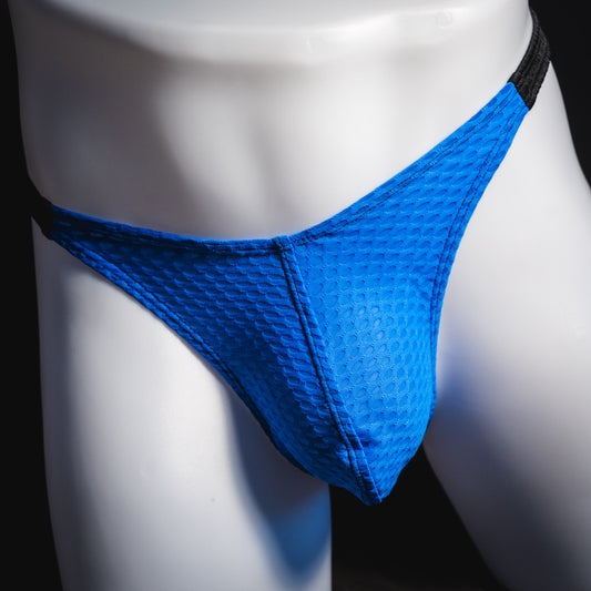 Men's blue and black athletic mesh thong underwear, classic cut, front view.