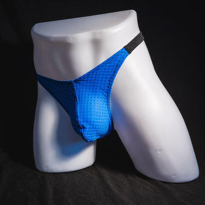 Men's blue and black athletic mesh thong underwear, classic cut, full angled front view.