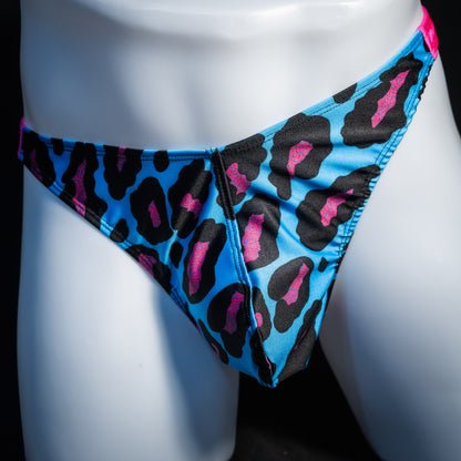 Men's blue and pint cheetah print thong underwear, full thong front, front view.