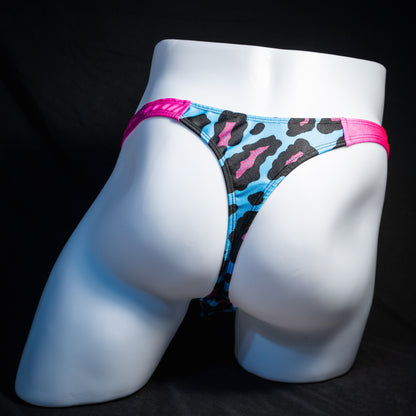 Men's blue and pint cheetah print thong underwear, full thong front, rear view.