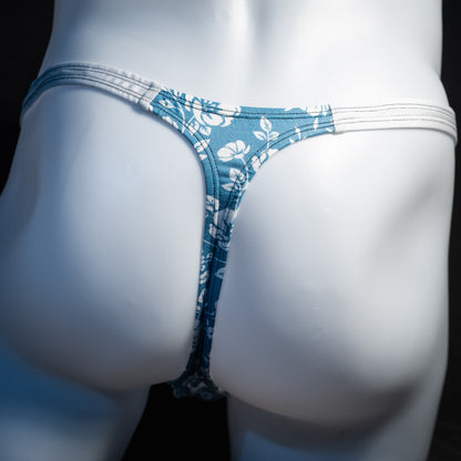 Men's blue and white floral thong underwear, classic cut, rear  view.
