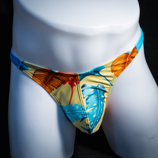 Men's blue and yellow floral thong underwear, classic cut, Front view