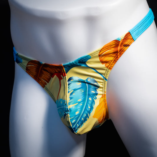 Men's blue and yellow floral thong underwear, classic cut, Front angled view