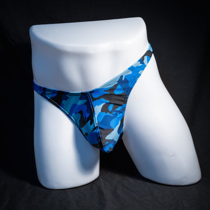 Men's ocean blue camouflage thong underwear, classic cut, front view.