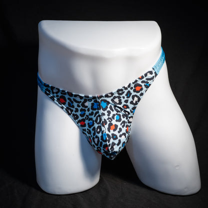 Men's blue leopard thong underwear, classic cut, front view.