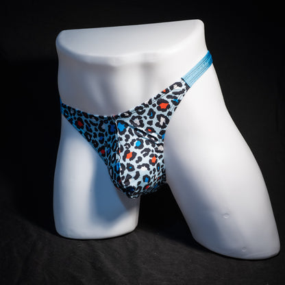 Men's blue leopard thong underwear, classic cut, front view.