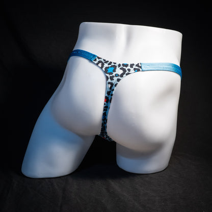 Men's blue leopard thong underwear, classic cut, rear view.