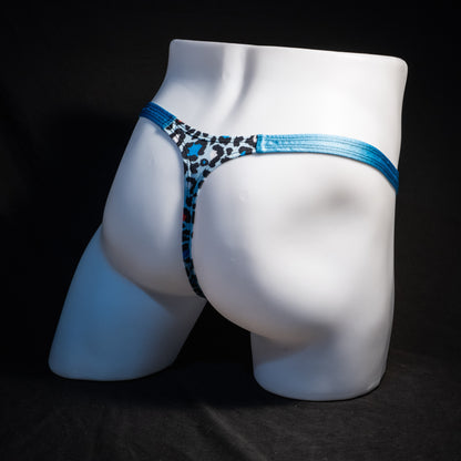 Men's blue leopard thong underwear, classic cut, rear view.