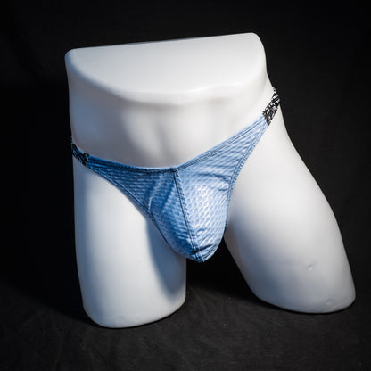 Men's blue mesh thong underwear, classic cut, front view.
