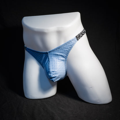 Men's blue mesh thong underwear, classic cut, front view.
