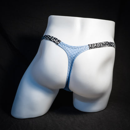 Men's blue mesh thong underwear, classic cut, rear view.