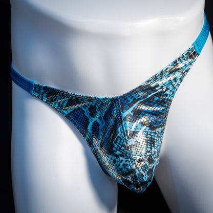 Men's blue metallic snakeskin thong underwear, classic cut, front view.