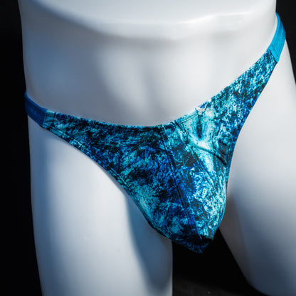 Men's blue ocean thong underwear, classic cut, front view.