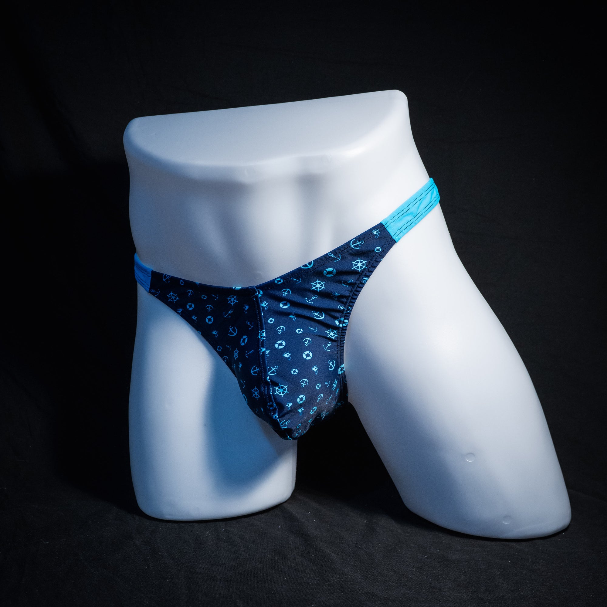 Men's boating themed thong underwear, classic cut, Full front angled
