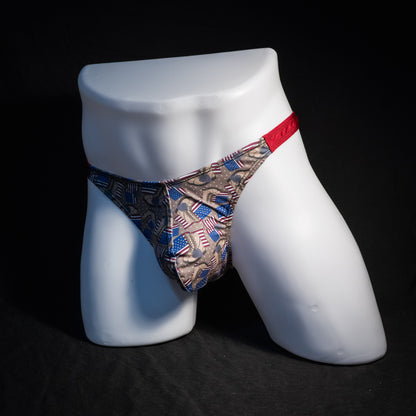Men's boots and American flags thong underwear, classic cut, Full front view