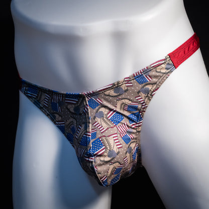 Men's boots and American flags thong underwear, classic cut, Front angled view