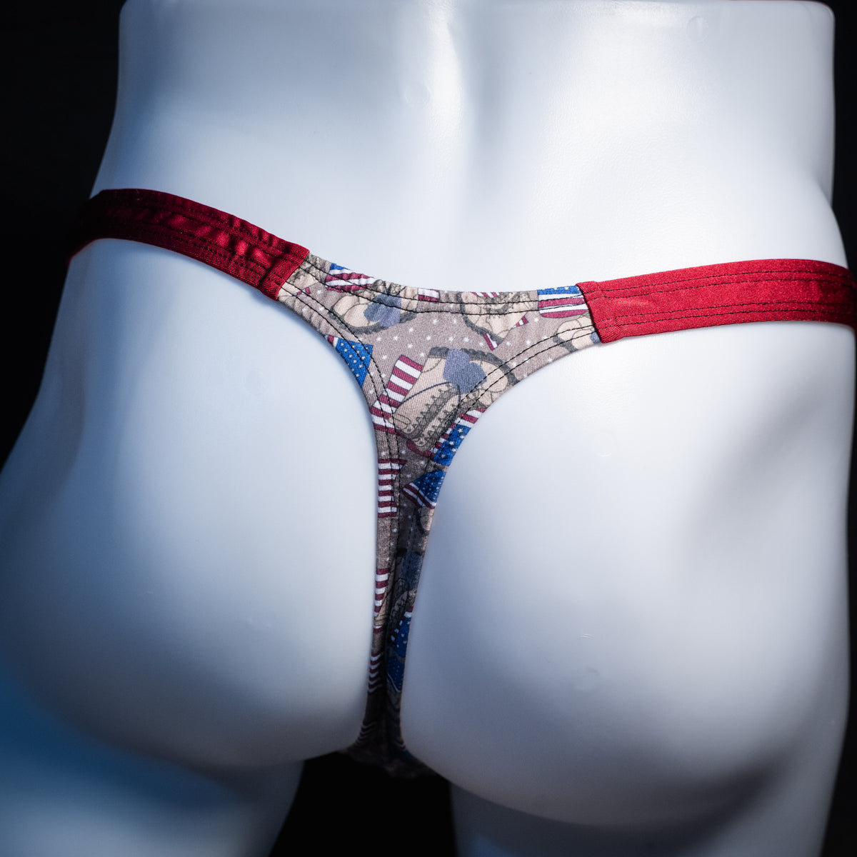 Men's boots and American flags thong underwear, classic cut, Rear view