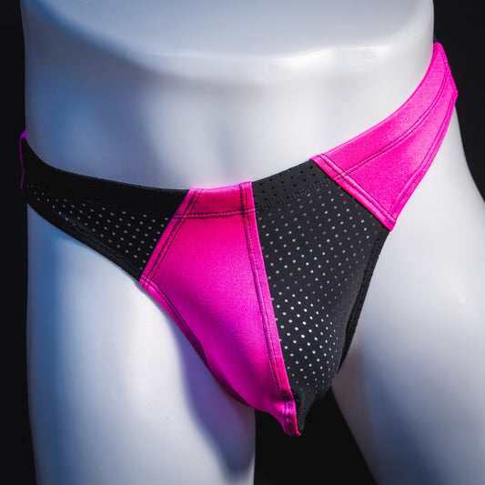 Men's bright pink and black mesh thong underwear, front view.