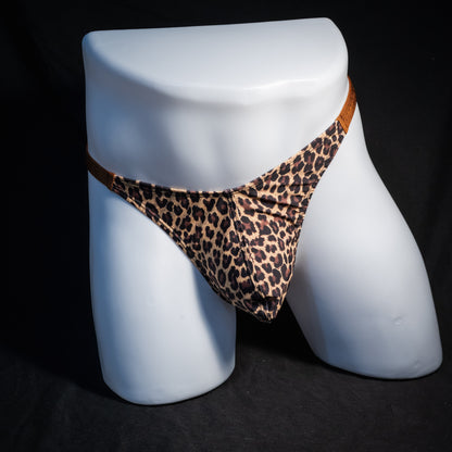 Men's leopard print thong underwear, classic cut, front view.