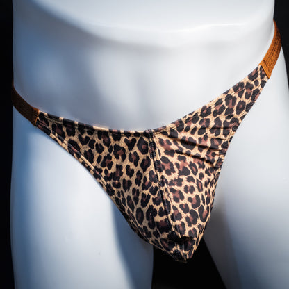 Men's leopard print thong underwear, classic cut, front view.