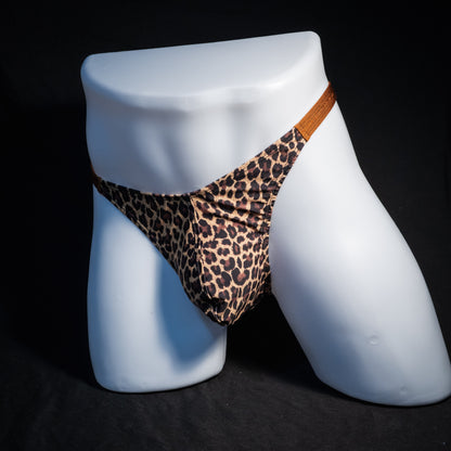 Men's leopard print thong underwear, classic cut, front view.